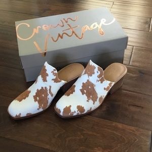 Cow print mules